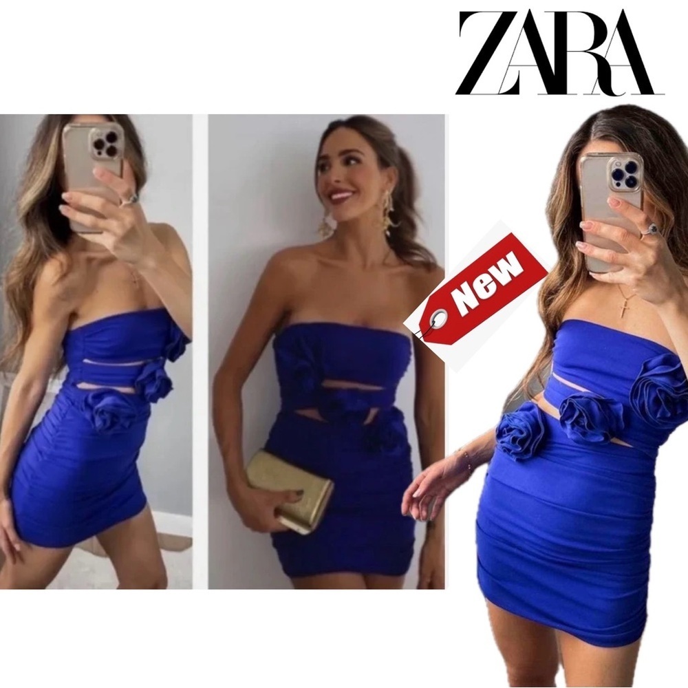 Zara blue ruched draped cut-out 3D flower strapless mini tube dress Sz S NWT